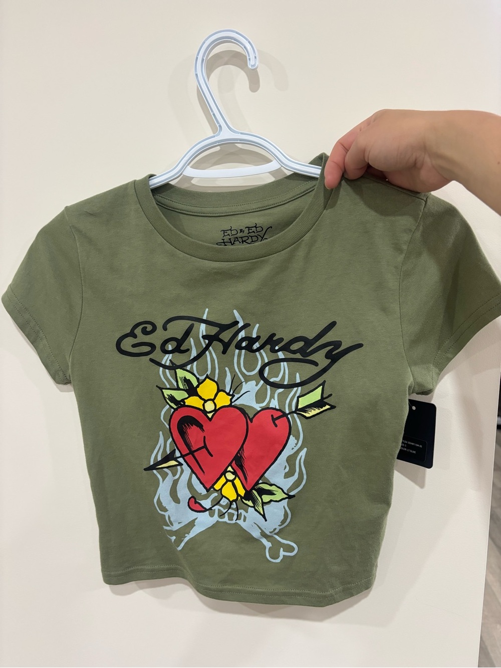 Ed Hardy Olive baby tee Crop Tee with Red Heart Graphic